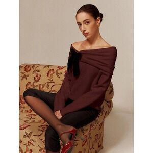 Burgundy Velvet-Bow Off-Shoulder‎ Ruched Sweater Sweater medium NWT  #commense